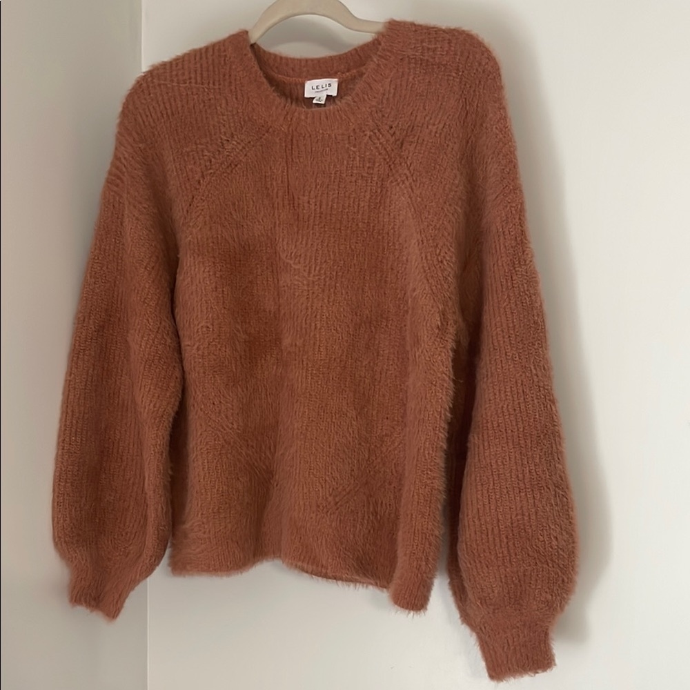 Pink Brown Crew Neck Sweater with Balloon Sleeves